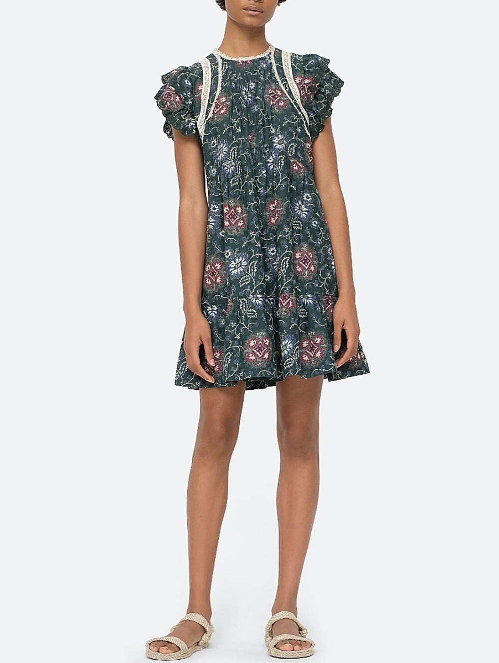 Sea New York Robina Green Tunic mini Dress XS Floral Print Babydoll Boho Cottage